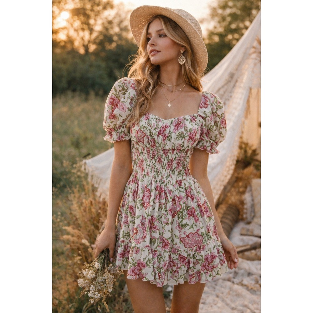 Mary Marshmallow Dress Puff Sleeve Smocked White Floral Print Womens Size Small